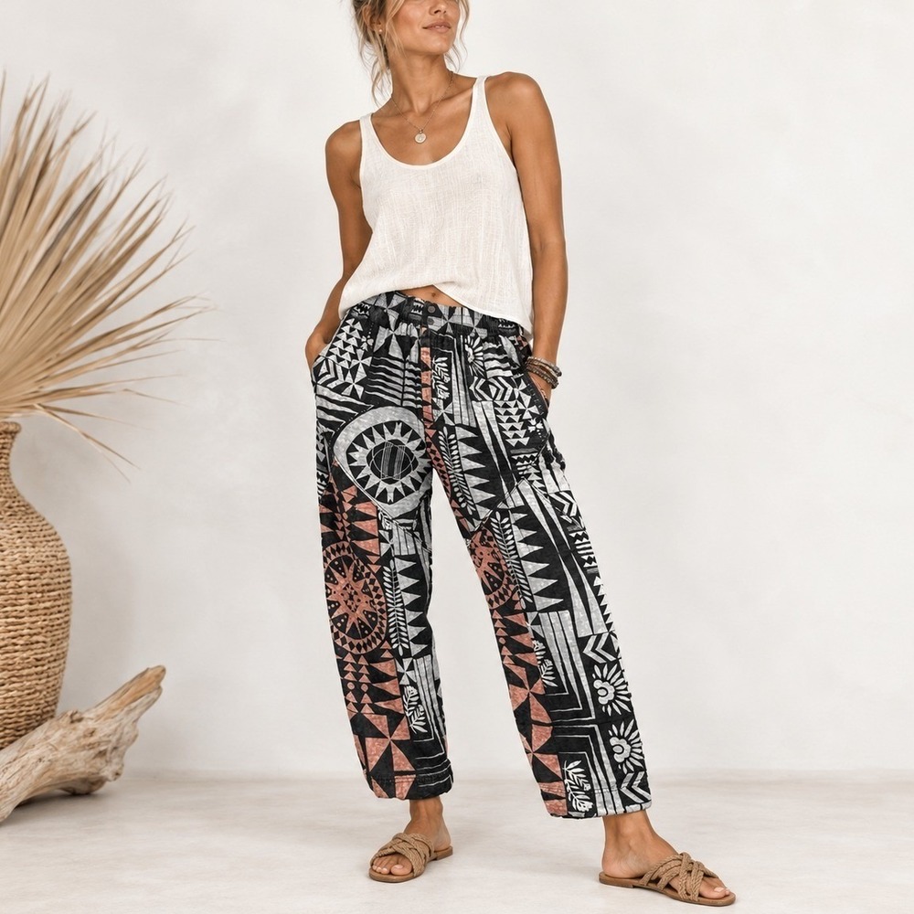 Free People Movement Flipside Printed Pants Womens L Black Combo Boho Artsy